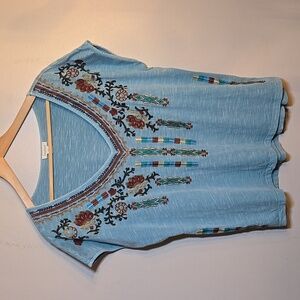 Sundance Womens Blue Embroidered V-neck T Shirt Size XL Boho Cotton Short Sleeve